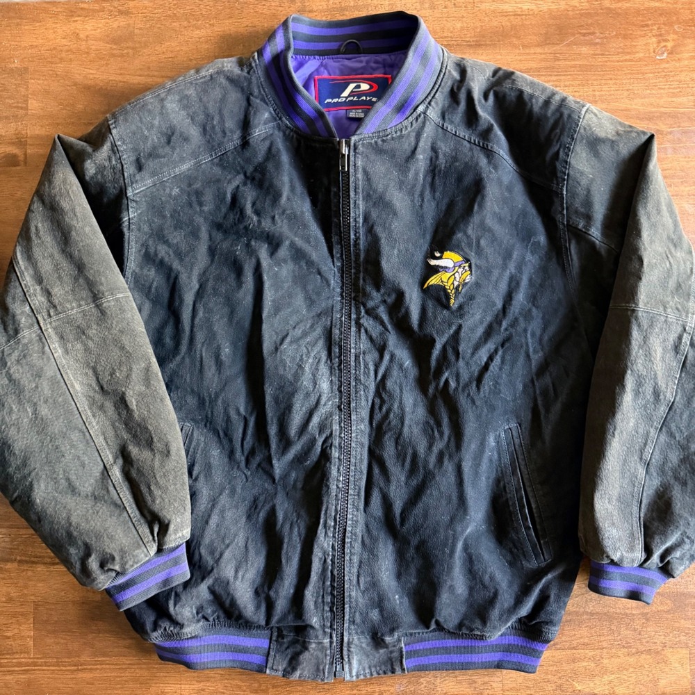 Vintage Minnesota Vikings Pro Player Suede Leather Jacket XL Black Purple NFL
